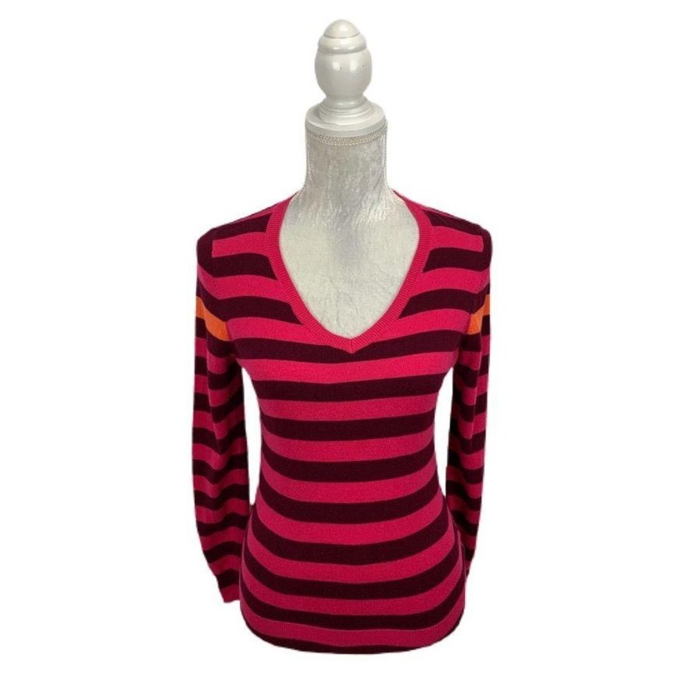 JCP Cashmere Blend Striped Sweater Pullover V-neck Pink Wine Preppy Size S